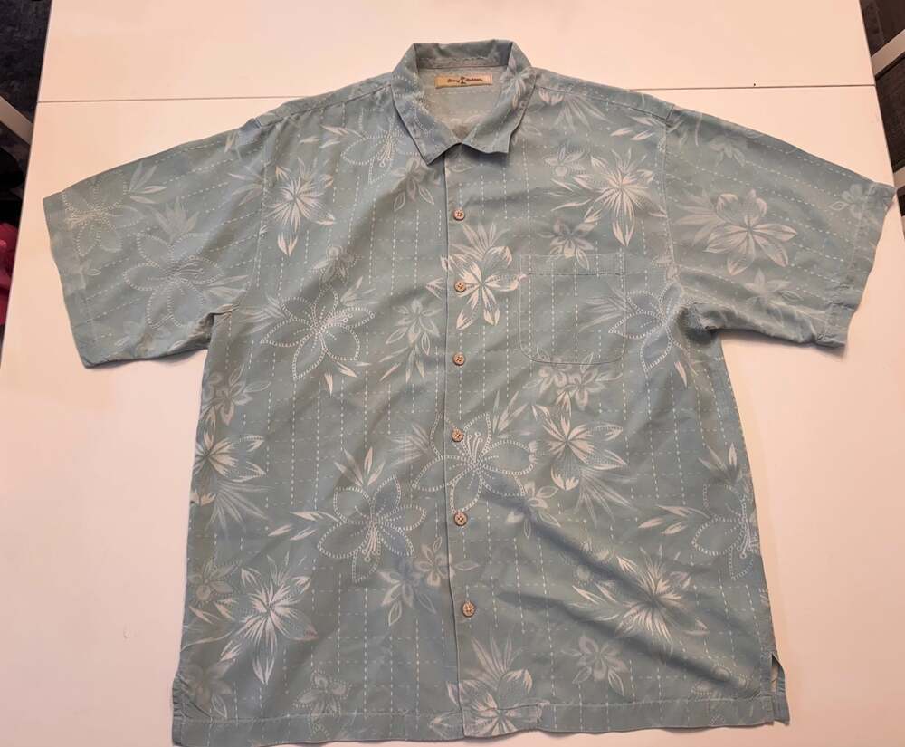 Tommy Bahama 100% Silk Blue Floral Jacquard Short Sleeve Hawaiian Camp Shirt